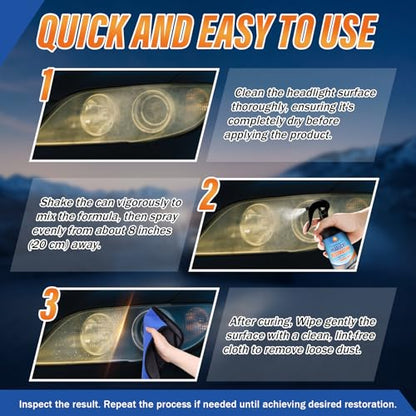 Headlight Restoration Spray with Towel – Removes Cloudiness and Oxidation – Safe for Plastic Lenses – Improve Light Output in Minutes - 180ml/6oz