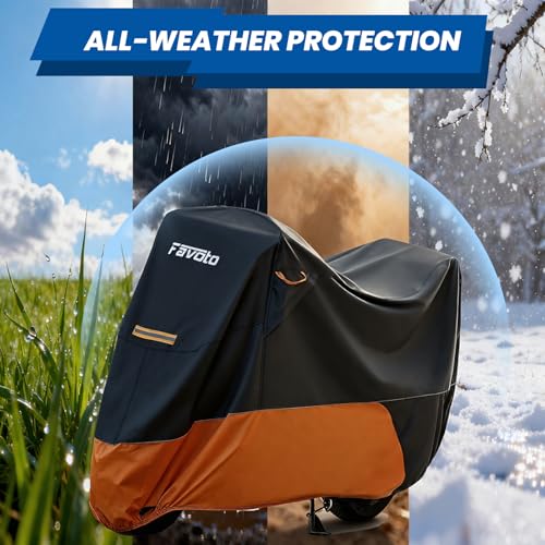 Favoto Motorcycle Cover for Harley Davidson Heavy Duty 420D Oxford | Touring Motorcycle Cover Waterproof Outdoor for Street Glide, Road Glide, Road King, Ultra Limited, CVO Fits up to 110" - size: 110" - Side+Top Box