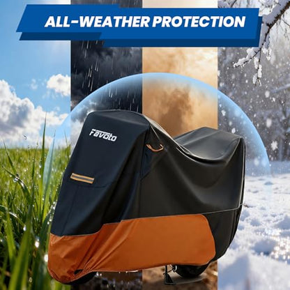 Favoto Motorcycle Cover for Harley Davidson Heavy Duty 420D Oxford | Touring Motorcycle Cover Waterproof Outdoor for Street Glide, Road Glide, Road King, Ultra Limited, CVO Fits up to 110" - size: 110" - Side+Top Box