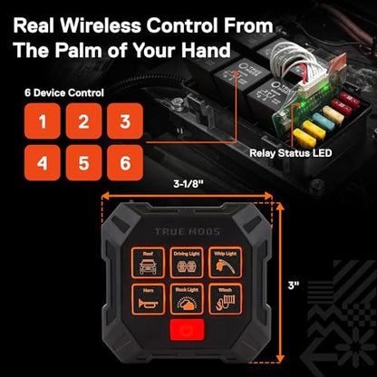 True MODS 12V DC Wireless 6 Gang Switch Panel Controller Kit [USB-C Rechargeable] Universal Pre-Wired Waterproof Fuse Relay Switch Box Aux Control for Automotive Vehicle Car Marine Boat Jeep UTV RV - style: Prewired Fuse/Relay Kit + Switch Box