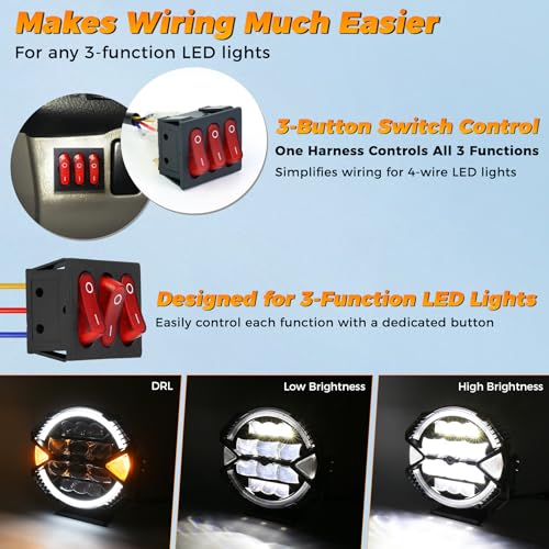 2 Leads Wiring Harness Kit, 12V Plug & Play 4-Pin DT Wiring Harness with 3-Button Switch & Relay Blade Fuse for Truck SUV ATV Off-Road LED Light Pods & Light Bars