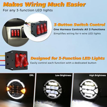 2 Leads Wiring Harness Kit, 12V Plug & Play 4-Pin DT Wiring Harness with 3-Button Switch & Relay Blade Fuse for Truck SUV ATV Off-Road LED Light Pods & Light Bars