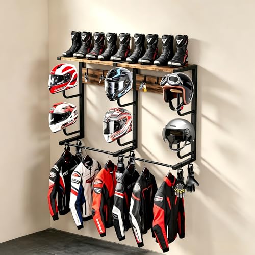 Motorcycle Helmet Holder Wall Mount, Motorcycle Gear Rack with 6 Hat Stands, Helmet Stand for Most Helmet and Clothes, Sturdy Construction Storage Organizer for Garages or Indoor