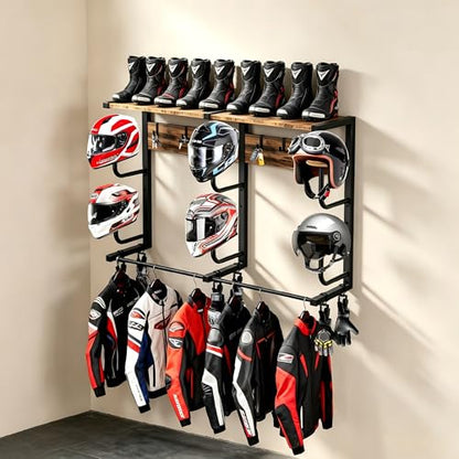 Motorcycle Helmet Holder Wall Mount, Motorcycle Gear Rack with 6 Hat Stands, Helmet Stand for Most Helmet and Clothes, Sturdy Construction Storage Organizer for Garages or Indoor