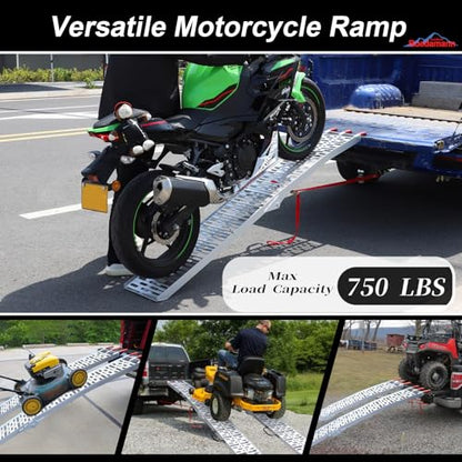 Ruedamann 7.5FT Aluminum Motorcycle Ramp, 750 lbs Capacity, Folding Truck Ramp for ATV, Motorcycle, Lawn Mower, Dirt Bike, Ribbed Plate Traction, Rubber-Tipped Fingers, Load Straps Included, 1 PC