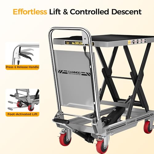 CAMMOO Hydraulic Lift Table Cart, 500lbs Capacity, 28.5" Lifting Height, Single Scissor Lift with Non-Slip Pad & Safety Guard Foldable Handle for Material Handling and Transportation, Gray