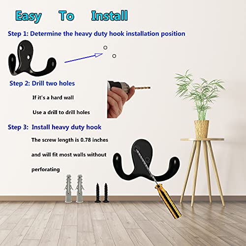 3 Pack Black Double Prong Coats Towel Hooks For Bathrooms Wall Mounted Shower Rustproof, 1.37 Oz Retro Wall Hooks Heavy Duty Hanging Towels Coat Hat Loofah Robe Key Scarf Bag Cap Kitchen Accessories