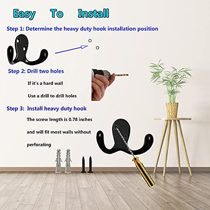3 Pack Black Double Prong Coats Towel Hooks For Bathrooms Wall Mounted Shower Rustproof, 1.37 Oz Retro Wall Hooks Heavy Duty Hanging Towels Coat Hat Loofah Robe Key Scarf Bag Cap Kitchen Accessories