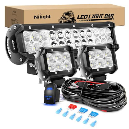 Nilight 12 Inch 72W Led Light Bar Spot Flood Combo 2PCS 4 Inch 18W Led Pods Boat Lights Driving Fog Lights Work Light for Trucks Off Road w/Rocker Switch Wiring Harness- 3 Leads, 2 Years Warranty - color: 72W Light +18w 2Pcs Light +Wiring harness