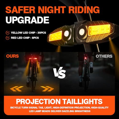 Upgrade Bike Tail Light with Projection USB Rechargeable Bike Turn Signals 150 Lumen Ultra Bright Turn Signals for Bicycle with Alarm Horn Bicycle Rear Light for Night Riding, 5 Mode