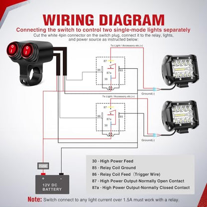 Nilight Motorcycle 7/8" (22mm) Handlebar Switch Plug and Play 12V Waterproof On Off Push Button Dual Control for ATV UTV Driving Light Bar - color: Motorcycle Handlebar Switch-Dual Control 4 Pin