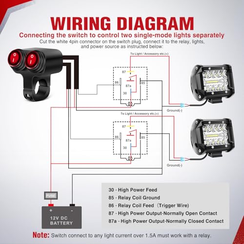 Nilight Motorcycle 7/8" (22mm) Handlebar Switch Plug and Play 12V Waterproof On Off Push Button Dual Control for ATV UTV Driving Light Bar - color: Motorcycle Handlebar Switch-Dual Control 4 Pin