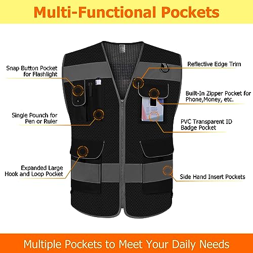 TCCFCCT Mesh Safety Vest for Men Women, 9 Pockets High Visibility Reflective Safety Vest, Hi Vis Construction Vest with Reflective Strips, Meets ANSI/ISEA Standards, (Black, Small) - color: Black Mesh-bison 03, size: Small