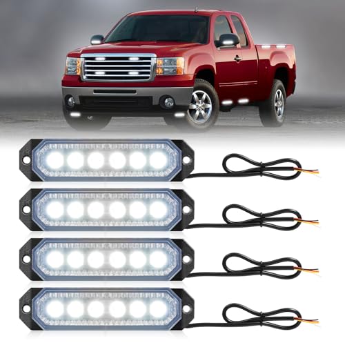HLauto 406T Emergency Strobe Grille Lights: 4Pcs 6 LED Sync Feature Safety Warning Flashing Light, 12V-24V Ultra Slim Surface Mount Hazard Caution Light for Truck, Vehicle, Car, ATV, UTV (White) - color: White