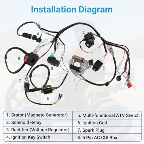 EOPOAYI Complete Wiring Harness Kit Compatible with Tao tao Coolster 125cc Chinese ATV 4 Stroke Quad 4 Wheeler Parts with Starter Solenoid Relay Ignition Coil CDI Box Stator Voltage Regulator