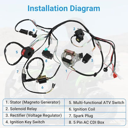 EOPOAYI Complete Wiring Harness Kit Compatible with Tao tao Coolster 125cc Chinese ATV 4 Stroke Quad 4 Wheeler Parts with Starter Solenoid Relay Ignition Coil CDI Box Stator Voltage Regulator