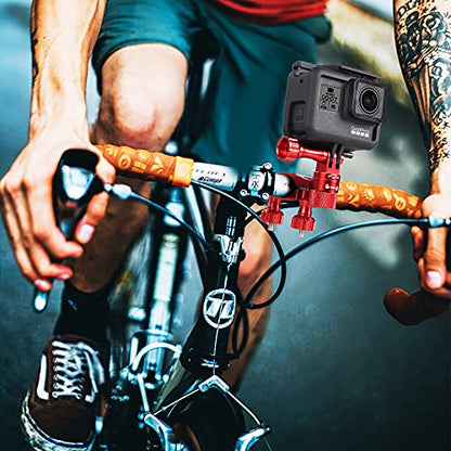 HSU 0.6-1.3inch All-Aluminum Bike/Motorcycle Handlebars, 360° Rotation Seat Post, Ski Pole Mount Compatible with Go Pro Hero 13/12/11/10/9/8/7/6/5, DJI Osmo Action AKASO and Other Action Cameras (Red) - color: Red