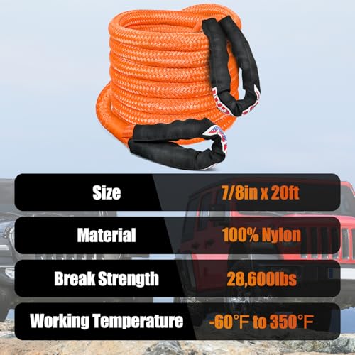 Nilight Kinetic Recovery Rope 28,600LBS 7/8" x 20ft Snatch Strap Heavy Duty Offroad Towing Strap Kit Vehicle Recovery kit for UTV ATV SUV Truck Car Jeep Tractor - color: 7/8in x 20ft Rope