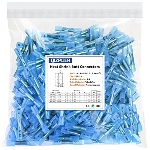 200 Pcs Blue Heat Shrink Butt Connectors, 16-14 AWG Waterproof Electrical Crimp Terminal Splice Wire Connectors for Marine, Automotive, Cable, Wiring - size: 16-14 AWG
