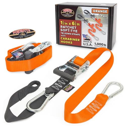 PowerTye 1.5in x 6.5ft Heavy Duty Ratchet Tie-Down Straps with Soft-Tye and Carabiner Hooks - 1,000 lb Working Load Limit / 3,000 lb Breaking Strength - Made in USA - Orange/Black Pair - color: Orange, size: 6.5 ft