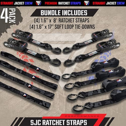 Ratchet Straps Tie Down Kit Incl. (4) Heavy Duty Rachet Tiedowns (1.6" x 8') with Coated S Hooks + (4) Soft Loop Tie-Downs (17") - 5,208 Total Break Strength by Straight Jacket Crew (Black Camo) - color: Black Camo, size: 1.6" x 8'