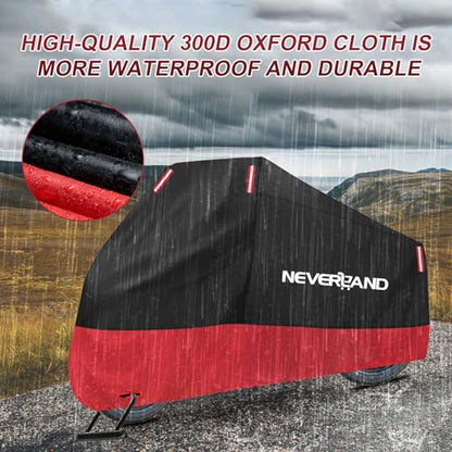 NEVERLAND Motorcycle Cover Waterproof Outdoor - 300D Motorcycle Cover Heavy Duty Outdoor All Season Protection, Universal Motorbike Cover with Night Reflective, Lock-Holes, Storage Bag (Up to 96") - size: XL