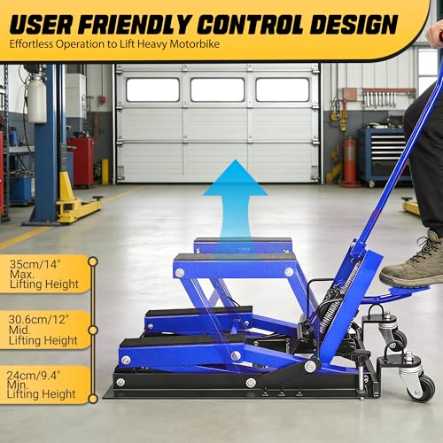 1500 Lbs Hydraulic Moto Lift, Foot-Operated, 3-Speed Lock & Belts, Blue | 1500 Lbs Hydraulic Moto Lift, Foot-Operated Jack, 9.4"-14" Height, 3-Speed Lock, 2 Ratchet Belts, for ATV/UTV - color: Blue
