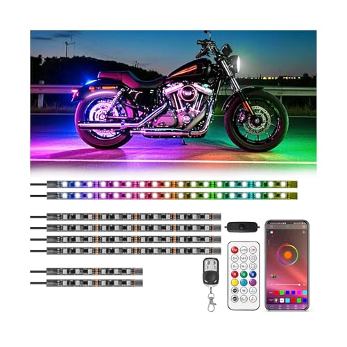 8Pcs RGB+IC Motorcycle LED Lights with APP/RF Remote Chasing Color Modes, Motorcycle LED Underglow Kit with Brake Turn Signal, 12V Waterproof Pixelglow Effect Neon Strip Lights for Harley Kawasaki - color: RGB+IC 8 Pcs