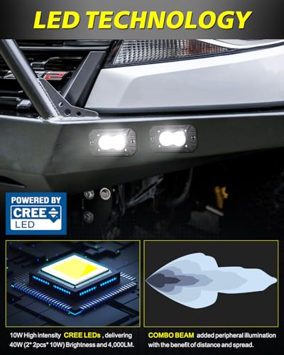 Flush Mount LED Pods, AKD Part CREE LED Flush Bumper Lights 40W Spot Flood Combo Offroad Driving Light Backup Reverse Lights Flush Mount LED Fog Light Pods for Trucks Pickup SUV UTV ATV - color: White Flush