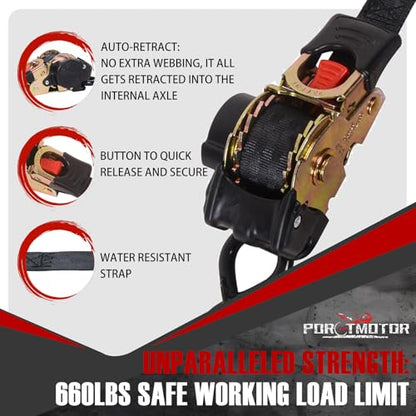 Retractable Ratchet Straps with Built-in Soft Loop, 1 Inch x 10 Feet Self Retracting Straps for Cargo, Truck, Motorcycle, ATV (4 Pack, with Storge Bag)