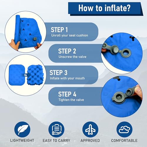 Inflatable Seat Cushion, Lightweight Stadium Seat Pad, Travel Air seat Cushion Anti-Slip for Airplane, Long Flights, Hiking, Climbing, Home and Camping, Compact Air Cushion - color: Blue