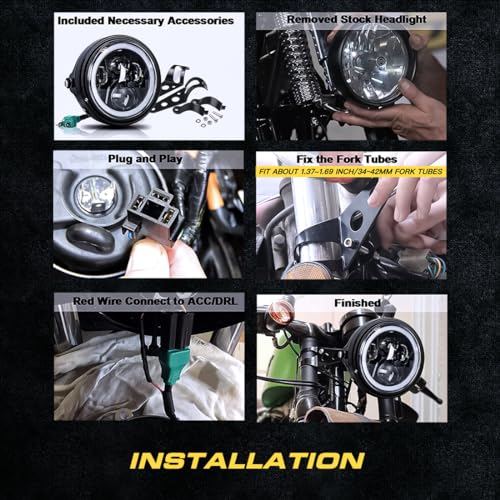 7 Inch LED Motorcycle Headlight Round DOT Approved With Housing Bucket Turn Signals DRL Halo Ring Angle Eyes Hi/Lo Beam Headlight w/Fork Clamp Bracket for H-arley Honda Yamaha Motorcycle - size: 7in Motorcycle Headlight with Halo Ring DRL