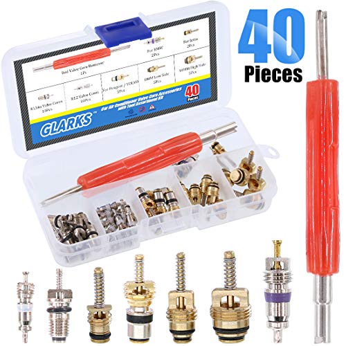 Glarks 40Pcs Car Air Conditioner Valve Core Schrader Valve Cores Accessories A/C R12 R134a Refrigeration Tire Valve Stem with Double Head Dual Dismantling Remover Installer Tool Assortment Kit - size: 40Pcs