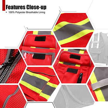 Reflective Safety Vest for Men Women Hi Vis Vest with Pockets High Visibility Vest Mesh Construction Vest Meets ANSI/ISEA 107-2015 (Red-04, 2X-Large) - color: Red-4, size: XX-Large