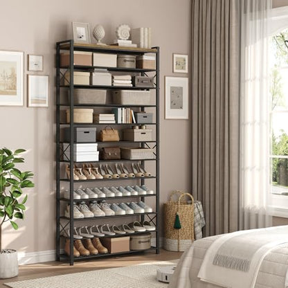 YATINEY 12-Tier Shoe Rack, 39.4" L Shoe Shelf for 54-60 Pairs of Shoes, Tall Shoe Storage Organizer with Metal Frame, Large Capacity Shoes Rack for Entryway, Closet, Rustic Brown and Black SS40BR - size: 39.4" x 11" x 83"