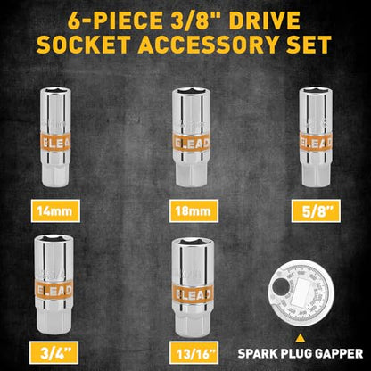 ELEAD 6-Piece 3/8" Drive Spark Plug Socket Set with Spark Plug Gapper, SAE & Metric, 5/8", 3/4", 13/16", 14mm, 18mm, CR-V Sockets with Rubber Holding Rings - size: 6-Piece Spark Plug