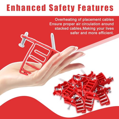 200 Pcs Multi-Cable Staple, Cable Stackers Electrical Wire Stackers, Secures Cable Staples Clips with Steel Nails Suitable Most Cables (Red) - color: Red-With Locking Clip