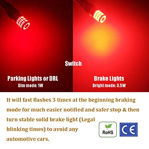 iBrightstar 9-30V Flashing Strobe Blinking Brake Lights 3157 3057 3156 3056 LED Bulbs Replacement for Tail Brake Stop Lights, Brilliant Red