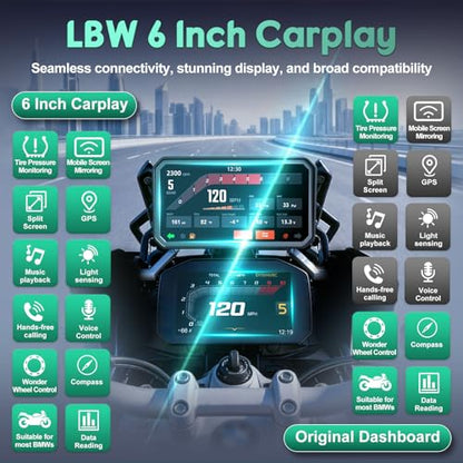 LBW 6" Motorcycle CarPlay GPS Navigation Fit for BMW with Wonder Wheel, Wireless Bluetooth, 1200 Nits Waterproof HD Touch Screen, Plug&Play, Support Voice Control, TPMS/Light Sensor/Siri, Android Auto - size: BM 6"+Native control+Lossless Installation