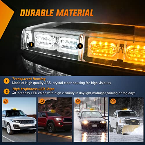 Nilight 12 Inch Roof Top Strobe Lights, 48LED Hazard Light Emergency Safety Warning LED Flashing Light Bar Magnetic Mount, 12V-24V Cars Trucks Tractors Snow Plows Construction - color: Amber and White