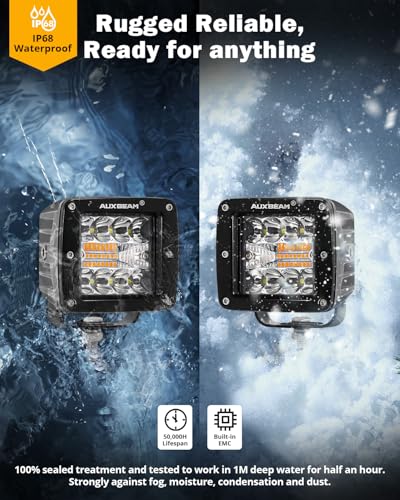 Auxbeam 6 Modes Amber White Series LED Cubes, 3Inch 72W LED Pods Dual Color Off-Road Strobe Lights, Spot Flood Combo Driving Offroad Ditch Lights Flashing Warning Functional, Pair - color: 3"