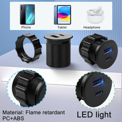 QIANRENON 2 Port USB C & USB Threaded Fixed Fast Charging Adapter 15W USB C + USB A Embedded Mount Round Connector Socket 5V/3.1A,LED Light, Mount on Furniture Desktop, Black (only for USB Charge) - color: Black