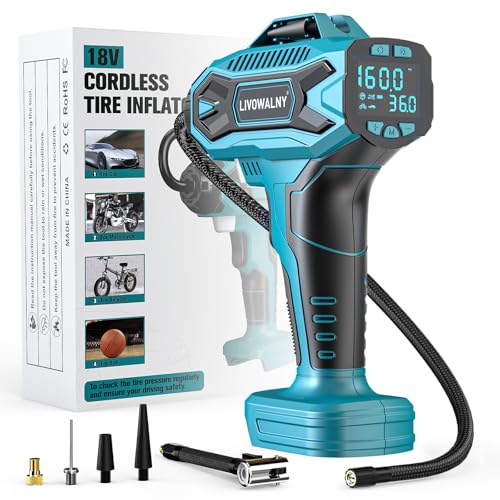 Tire Inflator Air Compressor Compatible with Makita 18V Battery, LIVOWALNY 160 PSI Cordless Portable Electric Air Pump 2026 Bigger LCD Digital Pressure Gauge for Car, Bike, Sport Ball (Tool Only) - color: Blue