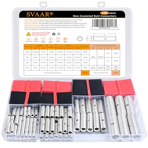 132PCS Non-Insulated Butt Connectors Kit 4/6/8/10-12 AWG Tinned Copper Heavy-Duty Crimp Splice Wire Connectors - 66PCS Seamless Barrel Uninsulated Butt Splice Connectors + 66PCS 3:1 Heat Shrink Tubing - color: Tinned Copper - Non-Insulated Splice, size: 1