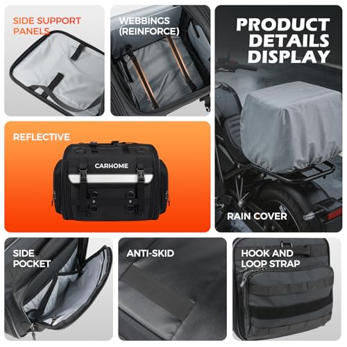 Motorcycle Tail Bag, 40L-60L Expandable Motorcycle Travel Luggage, Waterproof All-Weather Rear Seat Bag with Sissy Bar Straps & Rain Cover, Universal Trunk Rack Bag - Black