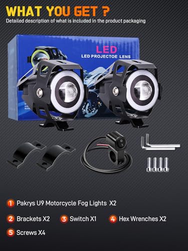 Motorcycle LED Fog Lights U7 Spotlight with High Low Strobe Beam Halo Rings White Central with U7 LED Running DRL Switches Clamps Universal Spotlights Driving Lights 2 Packs (White) - color: White