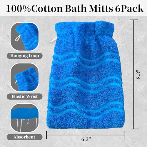 VOOVA & MOVAS 6-Pack Shower Wash Cloth, 100% Cotton Soft Absorbent Bath Mitts with Hanging Loop, 8.3x6.3 Inch European Style Bathing Gloves for Body & Spa, Jacquard Blue Wave - color: Jacquard-blue Wave