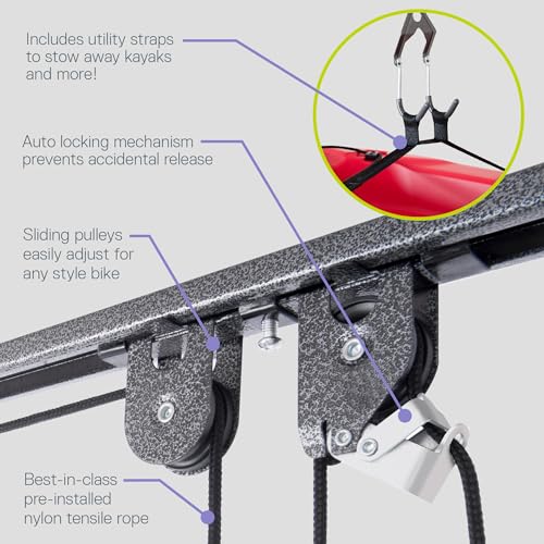 Bike Hoist- Heavy Duty for Space Saving - Road, Commuter & Mountain Bikes, Holds Kayaks & Ladders - No-Hassle Installation for Quick & Easy Access - style: Bike Hoist Pro With Kayak Straps 2-pack