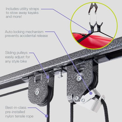 Bike Hoist- Heavy Duty for Space Saving - Road, Commuter & Mountain Bikes, Holds Kayaks & Ladders - No-Hassle Installation for Quick & Easy Access - style: Bike Hoist Pro With Kayak Straps