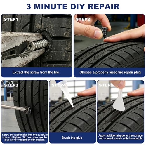 42PCS Tire Repair Rubber Nails Screws Kit with 2 Tubes Black Tire Sealant Glue & Screwdriver, 3 Sizes Universal Screw-in Tire Repair Plugs, Puncture Fix Tools for Car Motorcycle Truck ATV RV Tractor